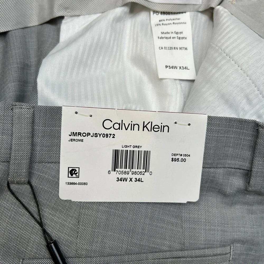 Calvin Klein Slim Fit Dress Pants Mens 34x34 Light Gray Tapered Leg Stretch‎ NEW
